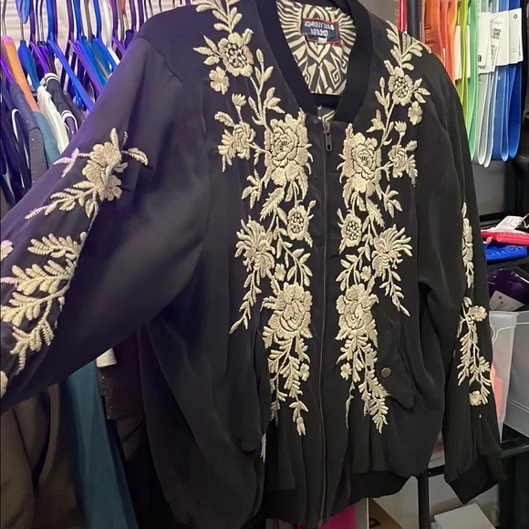 Johnny Was Black and White Bomber Jacket with Floral Embroidery - Picture 2 of 4